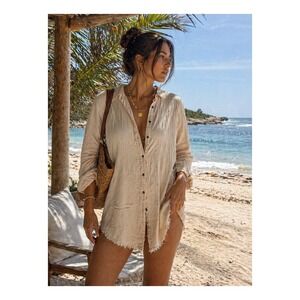 Paintcolors Beige Cotton Gauze Button Down Shirt Oversized Beach Cover Up XL